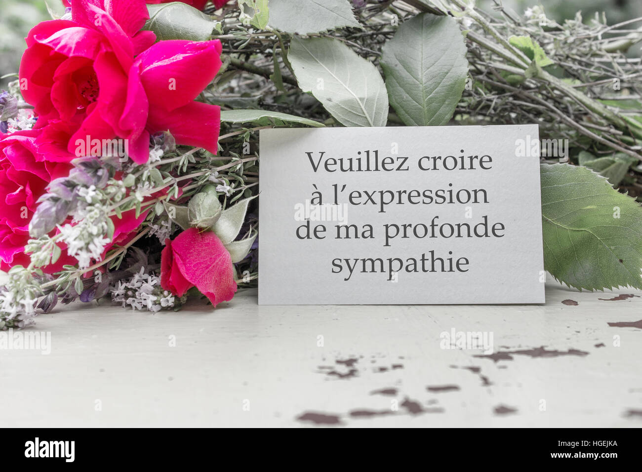 French Mourning card with roses and the text: My sincere condolences Stock  Photo - Alamy