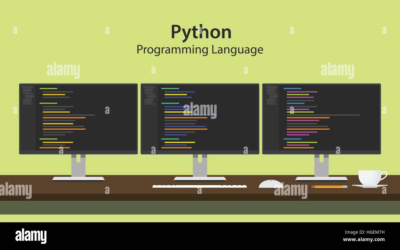 python programming language illustration with program code on three row ...