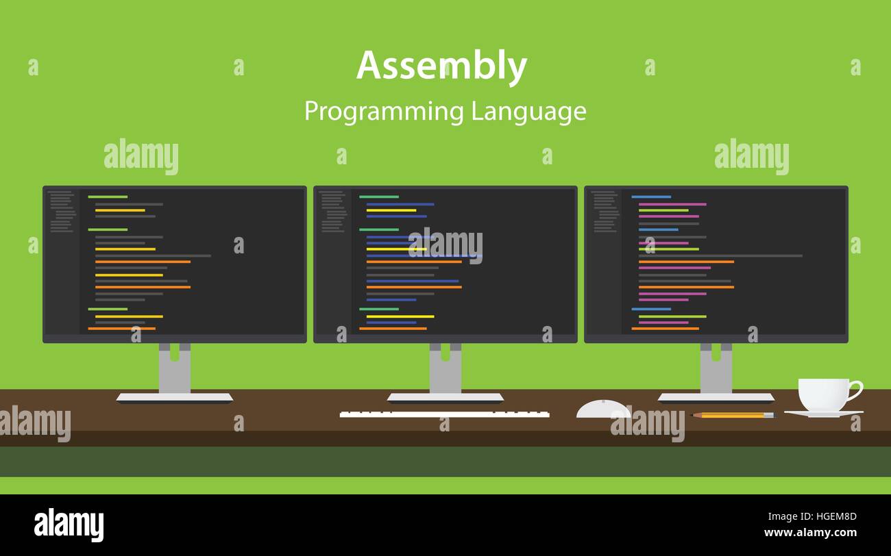 Illustration of Assembly programming language code displayed on three ...