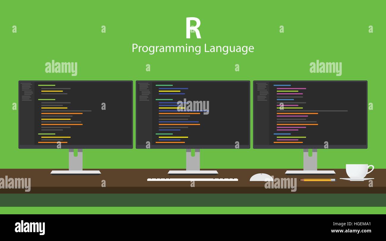 Illustration of R programming language code displayed on three monitor ...