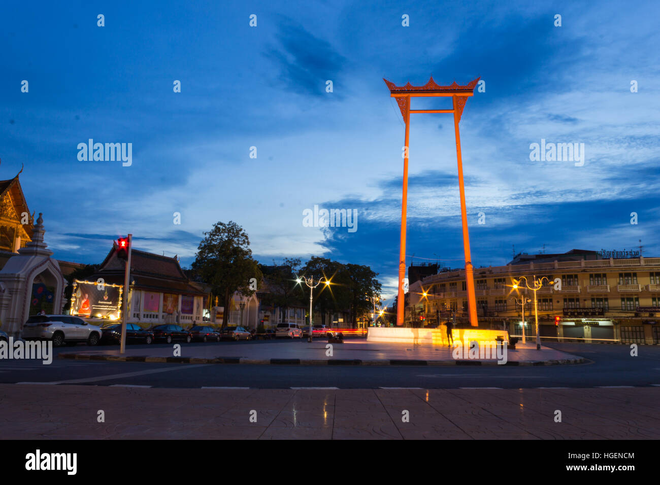 The Giant Swing and Suthat Temple at Twilight in Bangkok, Thailand Stock Photo