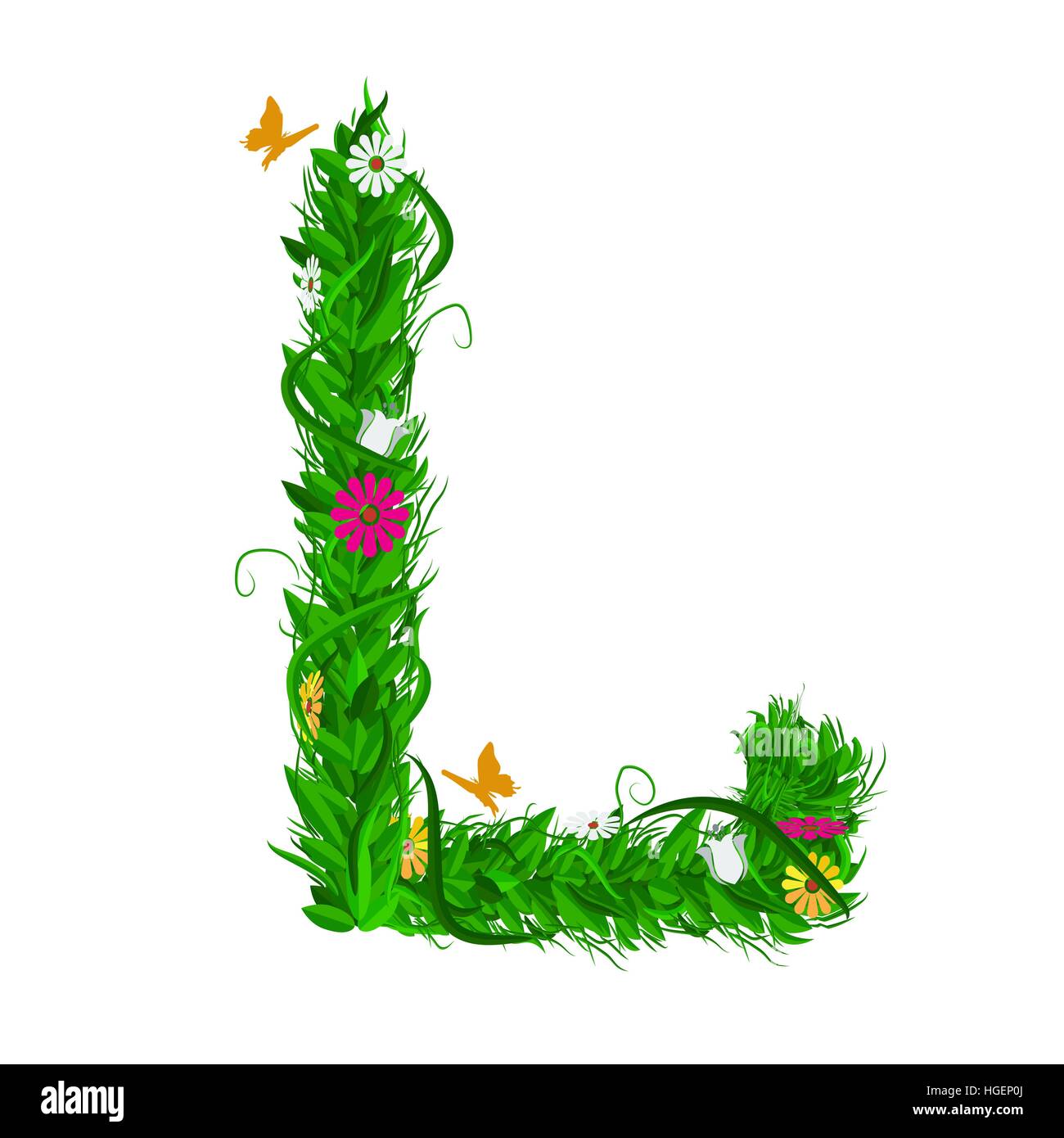 L Green eco letter with leaves and flowers for your design. Flat ...