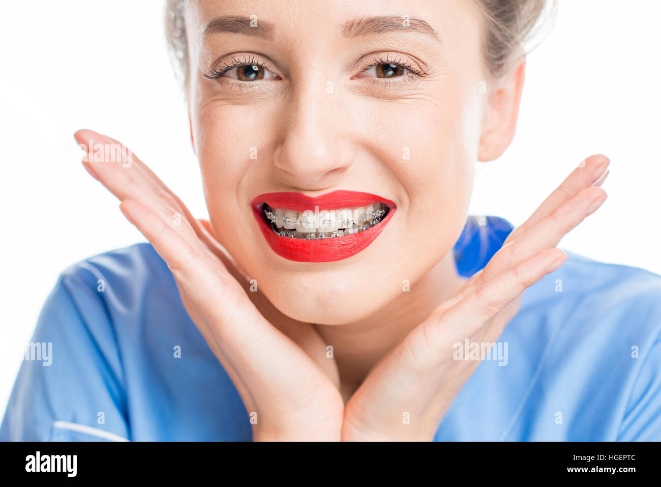 Woman with tooth braces Stock Photo Alamy