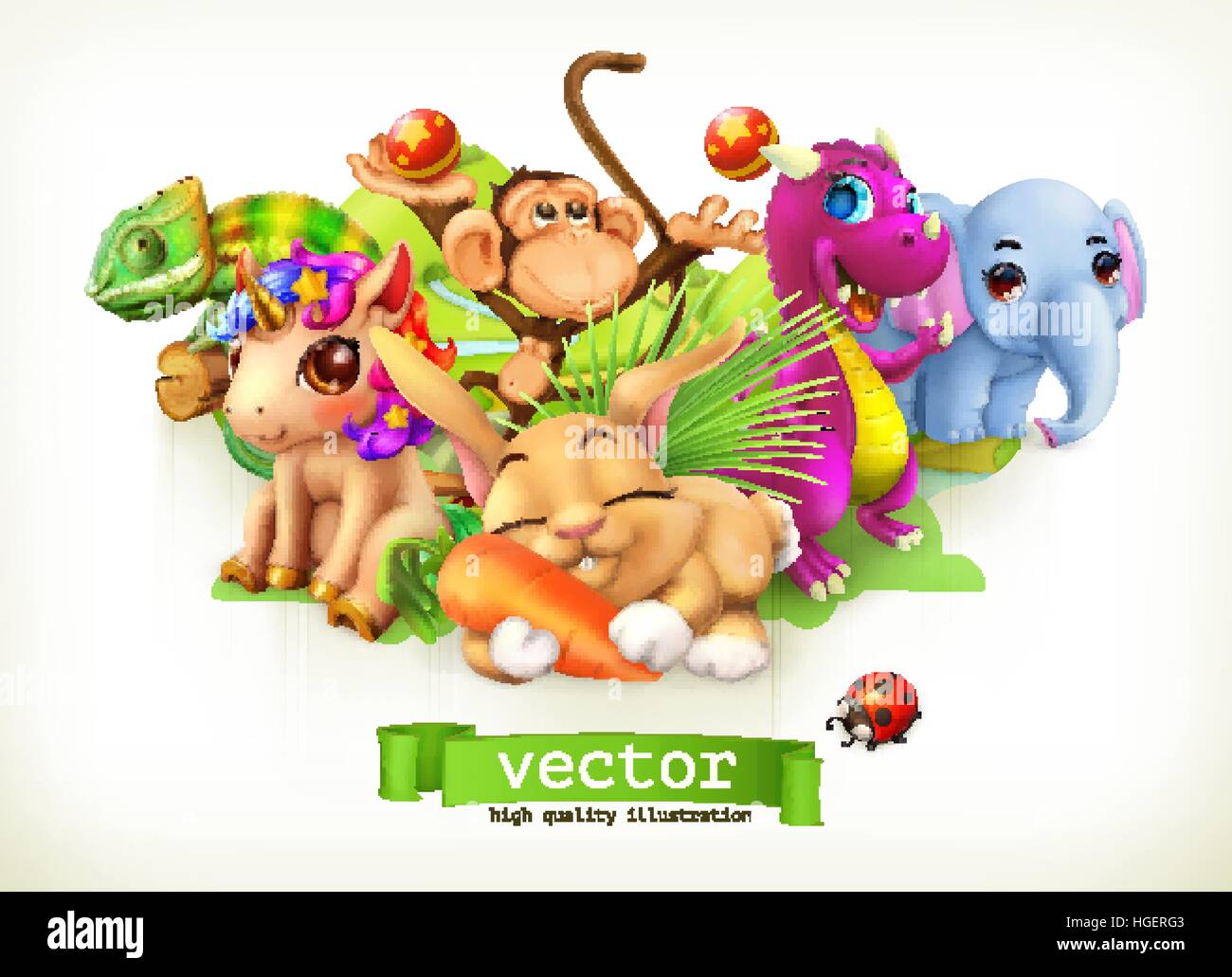 Fairy Tale Animals Happy Bunny Rabbit Cute Unicorn Small Dragon Baby Elephant Monkey Chameleon 3d Vector Stock Vector Image Art Alamy