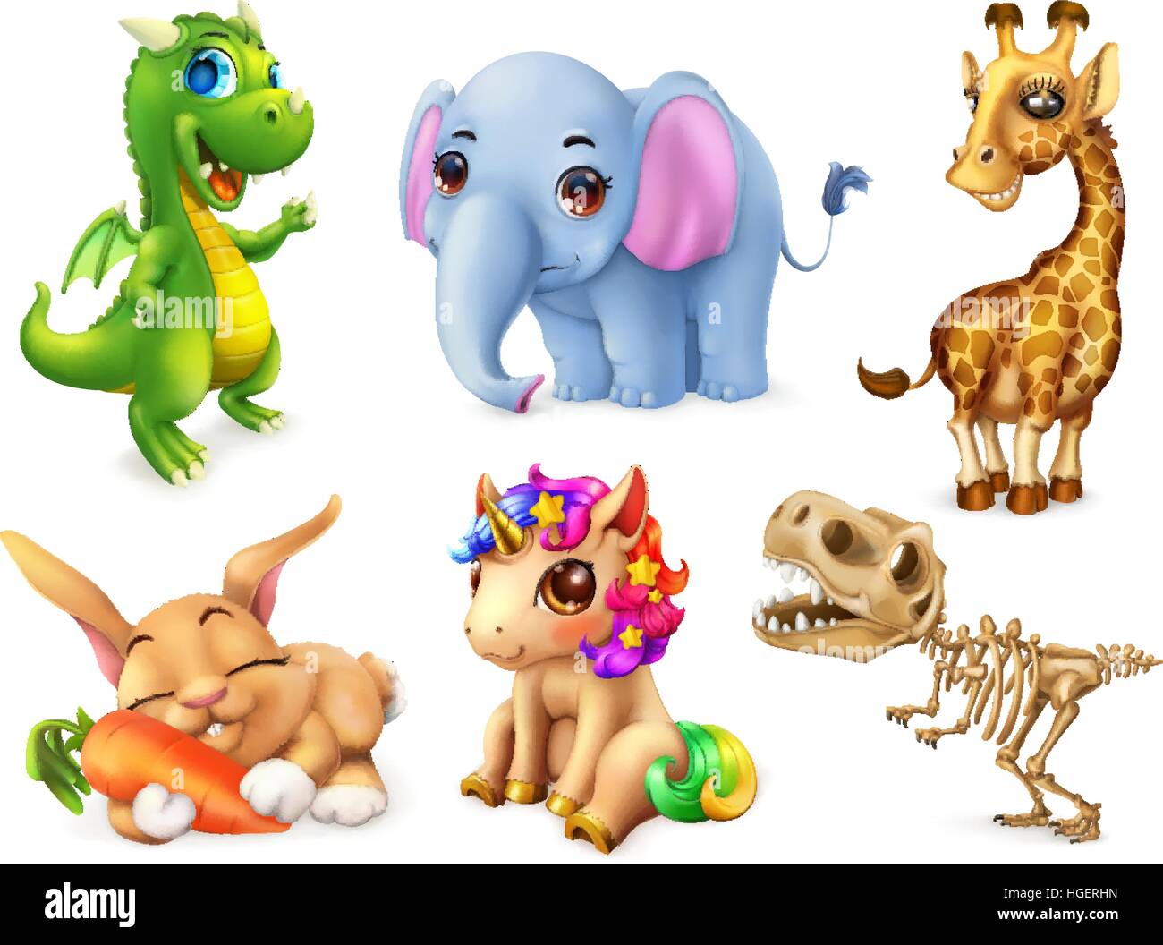 Funny animal set. Happy bunny, rabbit, cute unicorn, small dragon, baby elephant, giraffe, dinosaur. 3d vector icon Stock Vector