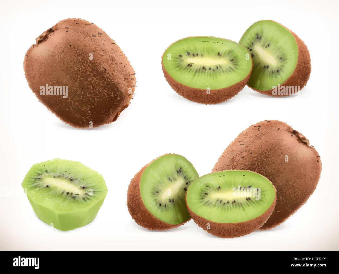 Kiwi fruit. Whole and pieces. Sweet fruit. 3d vector icons set. Realistic illustration Stock Vector