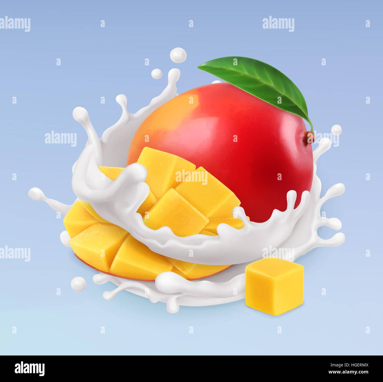 Mango and milk splash. Fruit and yogurt. Realistic illustration. 3d vector icon Stock Vector