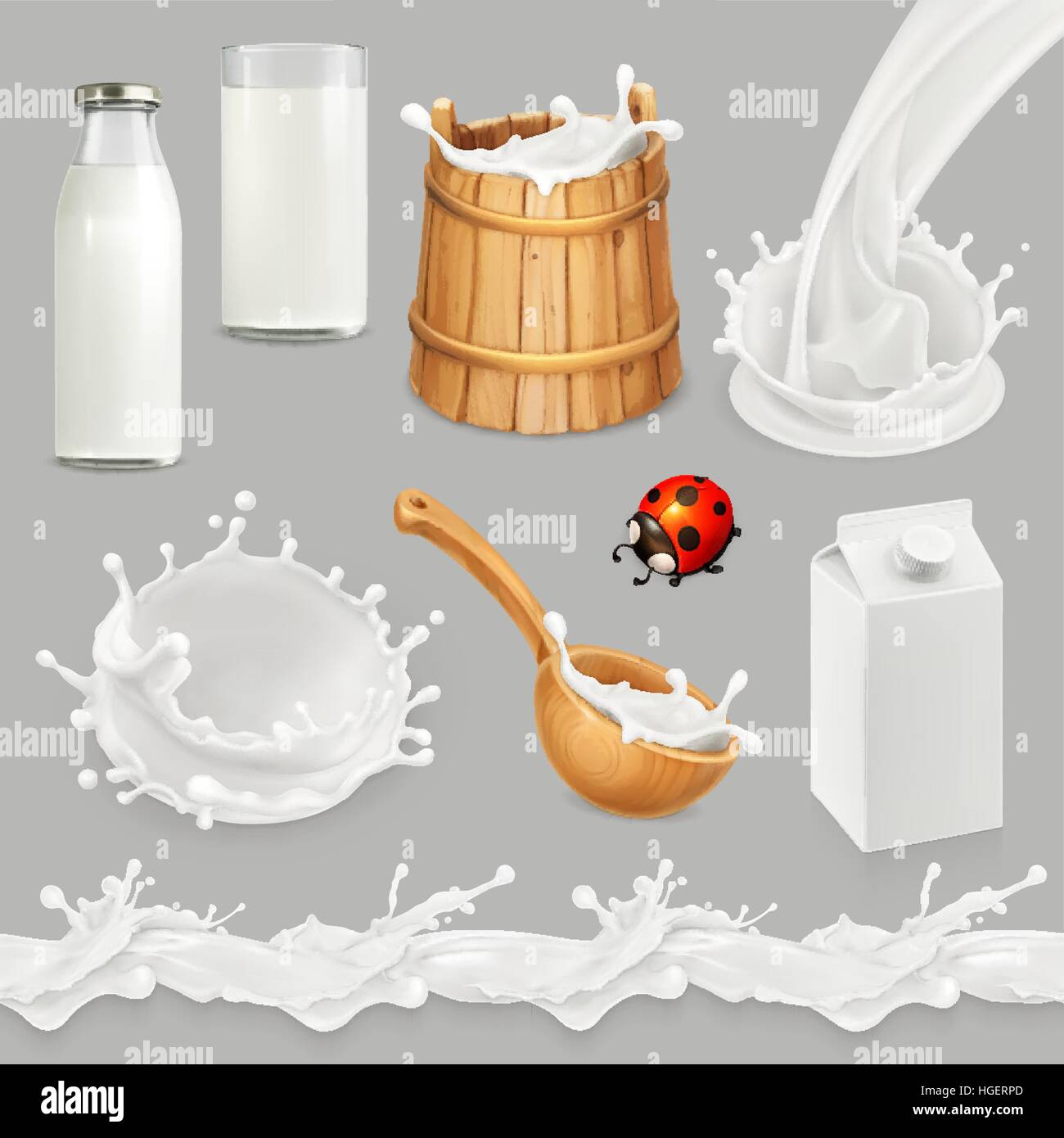 Milk. Bottle, glass, spoon, bucket. Drops seamless pattern. Natural dairy products. 3d vector object set Stock Vector
