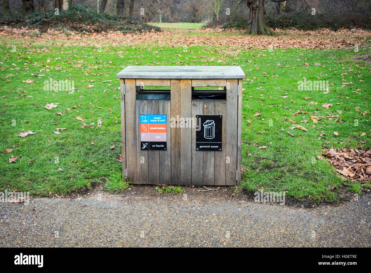 Wooden recycling bins in Kensington Gardens, London, UK Stock Photo Alamy