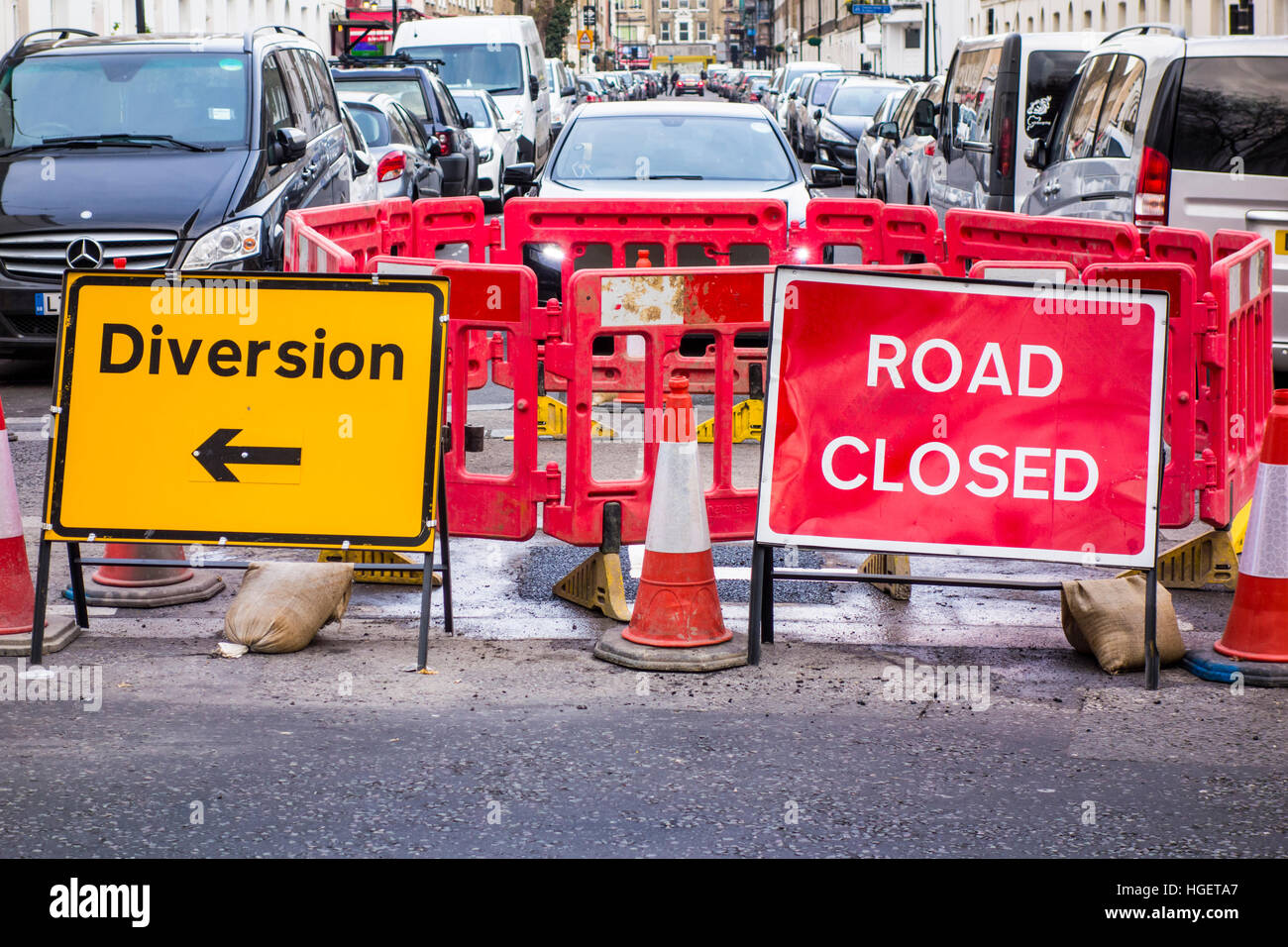 London street diversion and road closed signs Stock Photo