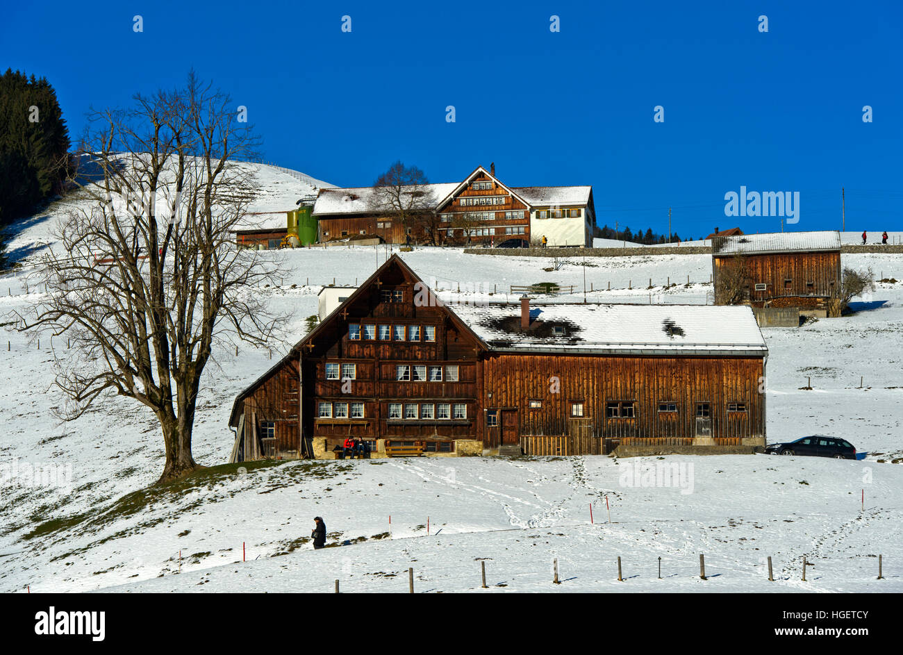 Scattered Appenzell farm houses in winter near Urnäsch, Canton Appenzell Ausserrhoden, Switzerland Stock Photo