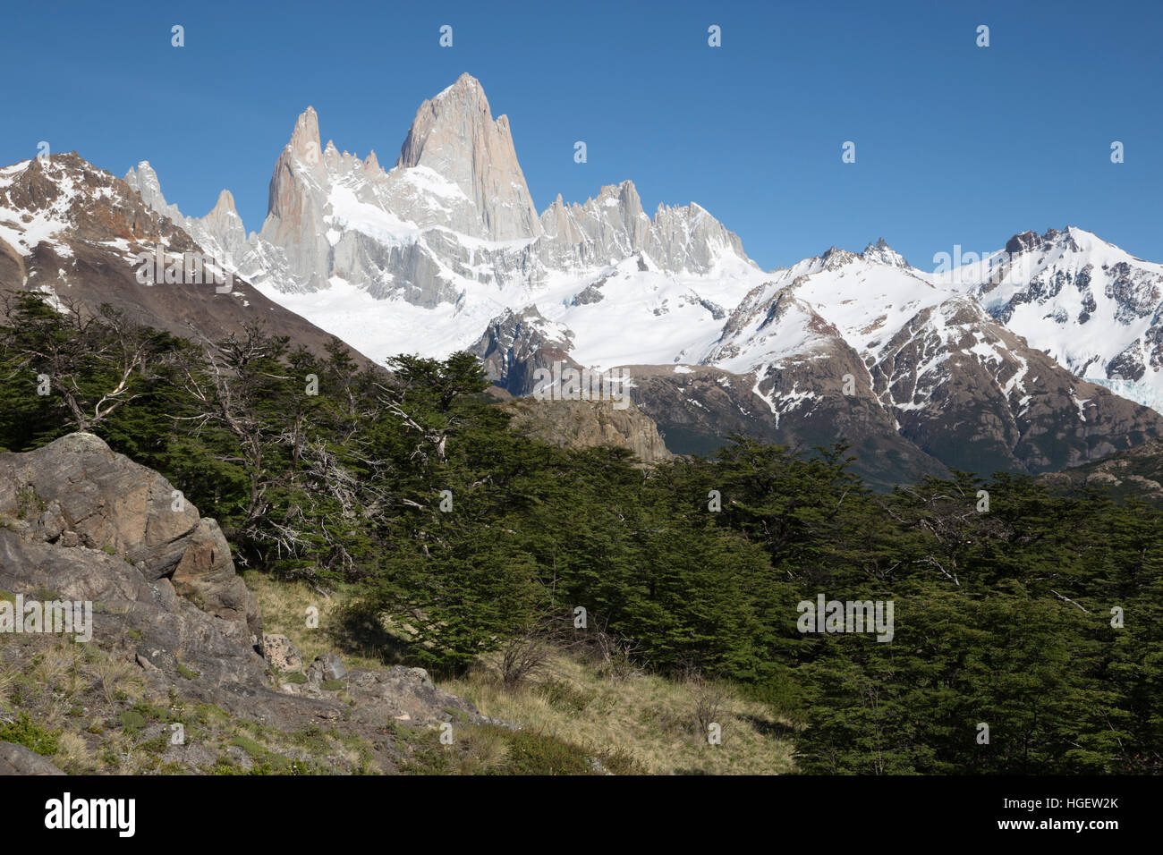 View of Mount Fitz Roy on Laguna de Los Tres trail, El Chalten, Patagonia, Argentina, South America Stock Photo