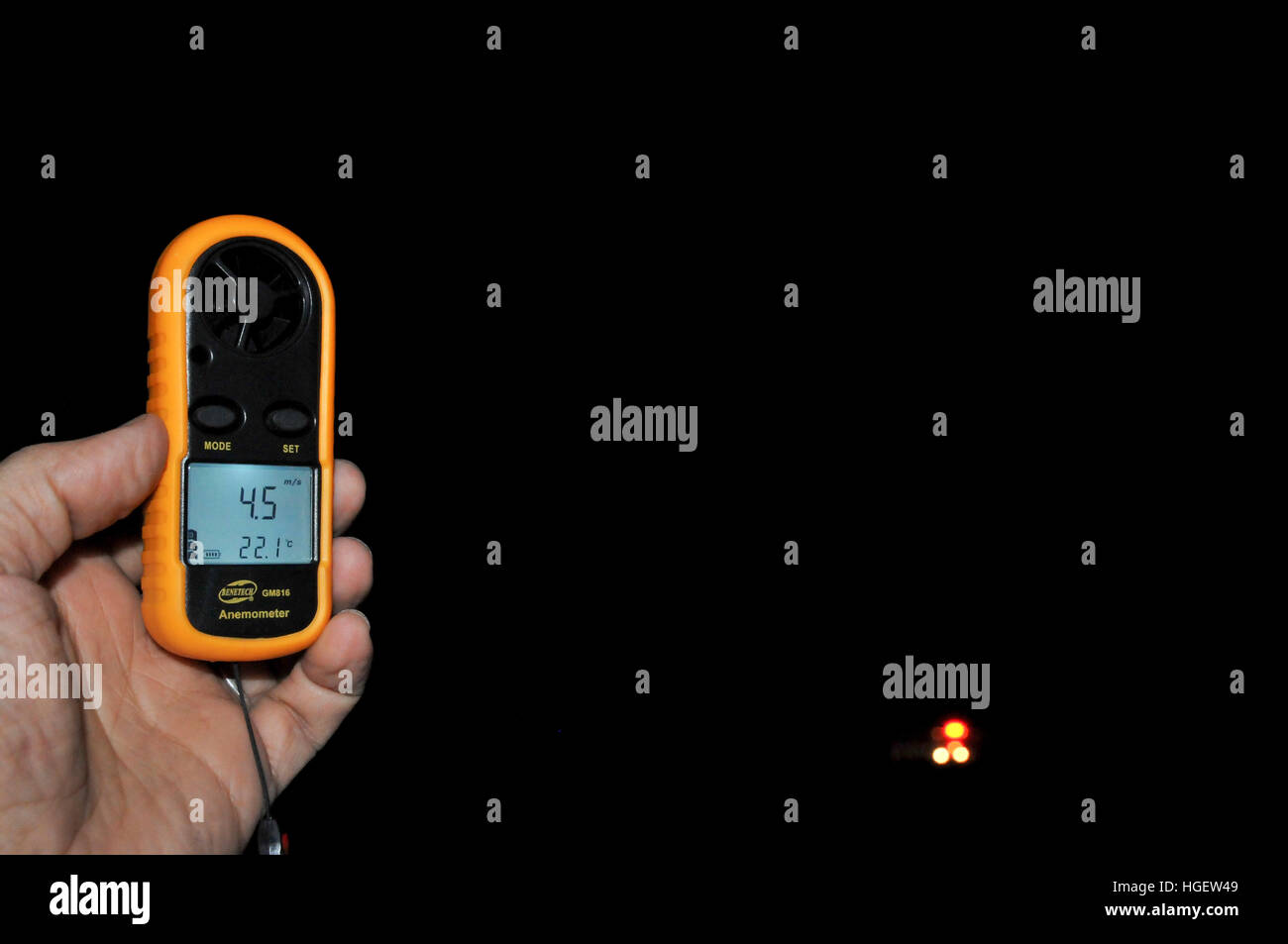 Hand held weather station Anemometer and thermometer Stock Photo