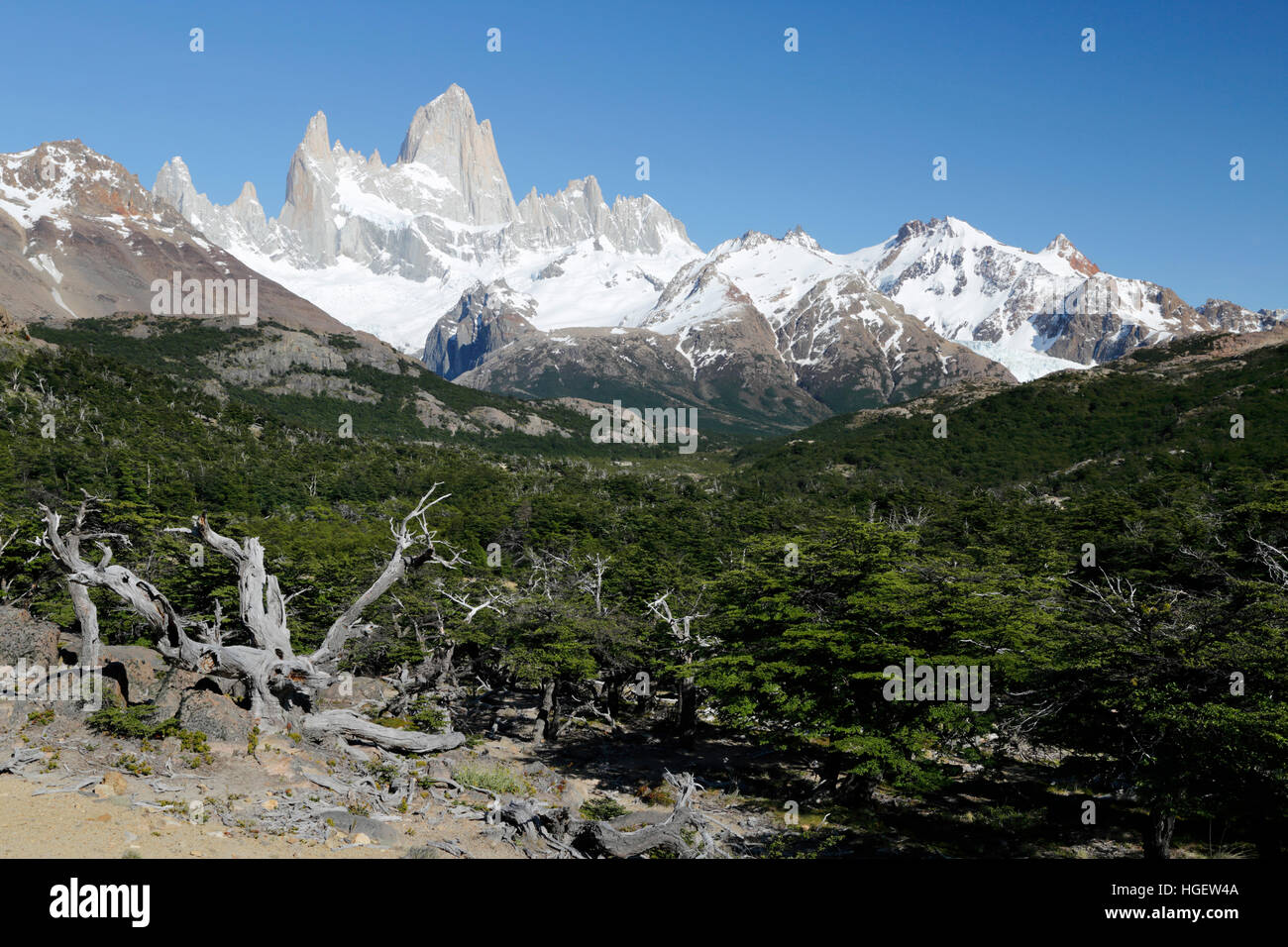 View of Mount Fitz Roy on Laguna de Los Tres trail, El Chalten, Patagonia, Argentina, South America Stock Photo