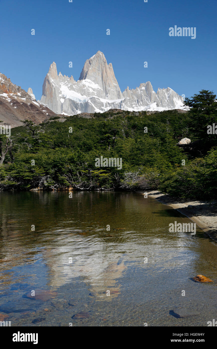 View of Mount Fitz Roy from Laguna Capri, El Chalten, Patagonia, Argentina, South America Stock Photo