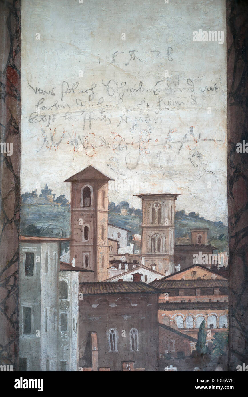 Rome. Italy. Villa Farnesina. La Sala delle Prospettive (Hall of Perspectives), frescoes by Baldassare Peruzzi, 1519.  Detail showing graffiti left by Stock Photo