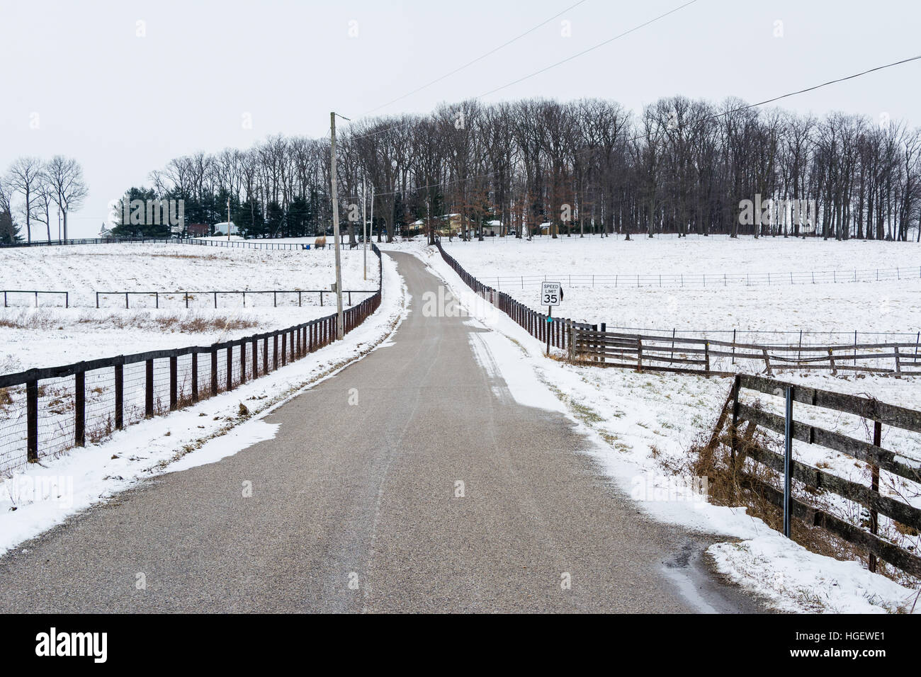 Road and snow covered fields, near New Freedom, Pennsylvania. Stock Photo