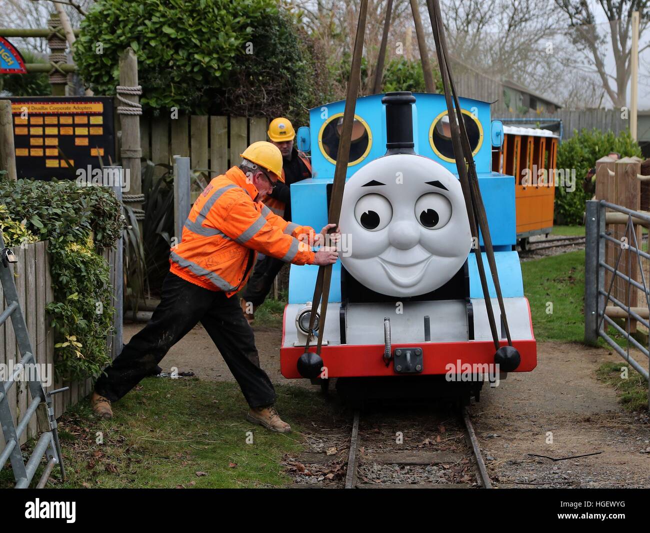 Thomas The Tank Engine is lifted out of Drusillas Park in Alfriston ...