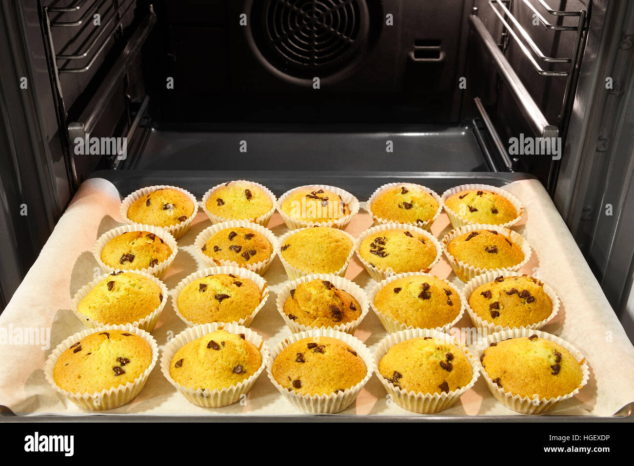 Cupcakes with chocolate inside an oven with fan. Horizontal Stock Photo