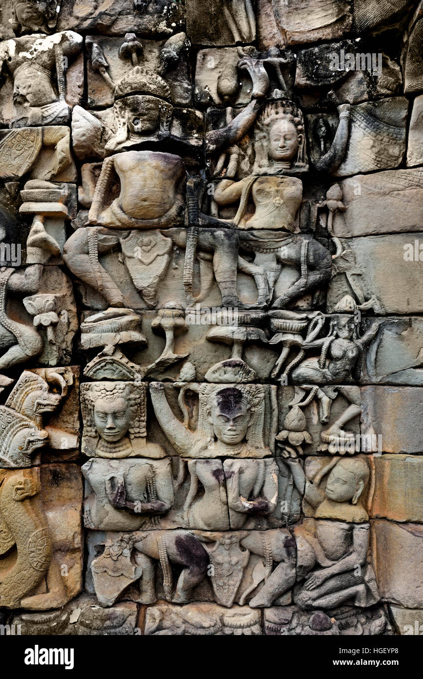 Terrace of the Elephants 300 meter long terrace wall adorned with carved elephants and garudas spanning the front of Baphuon, Phimeanakas and the Royal Palace area at the heart of Angkor Thom ( Angkor complex different archaeological capitals Khmer Empire 9-15th century Angkor Cambodia ) Stock Photo