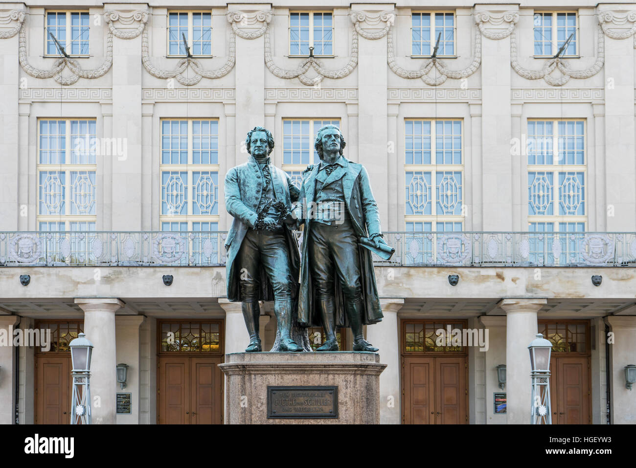 Monument to Goethe and Schiller before the National-theater in Weimar ...