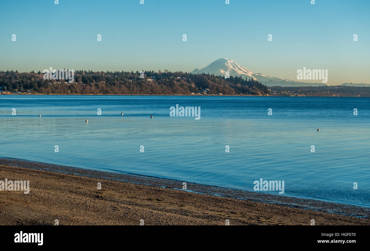 A view of Mount Rainier across the Puget Sound. Stock Photo