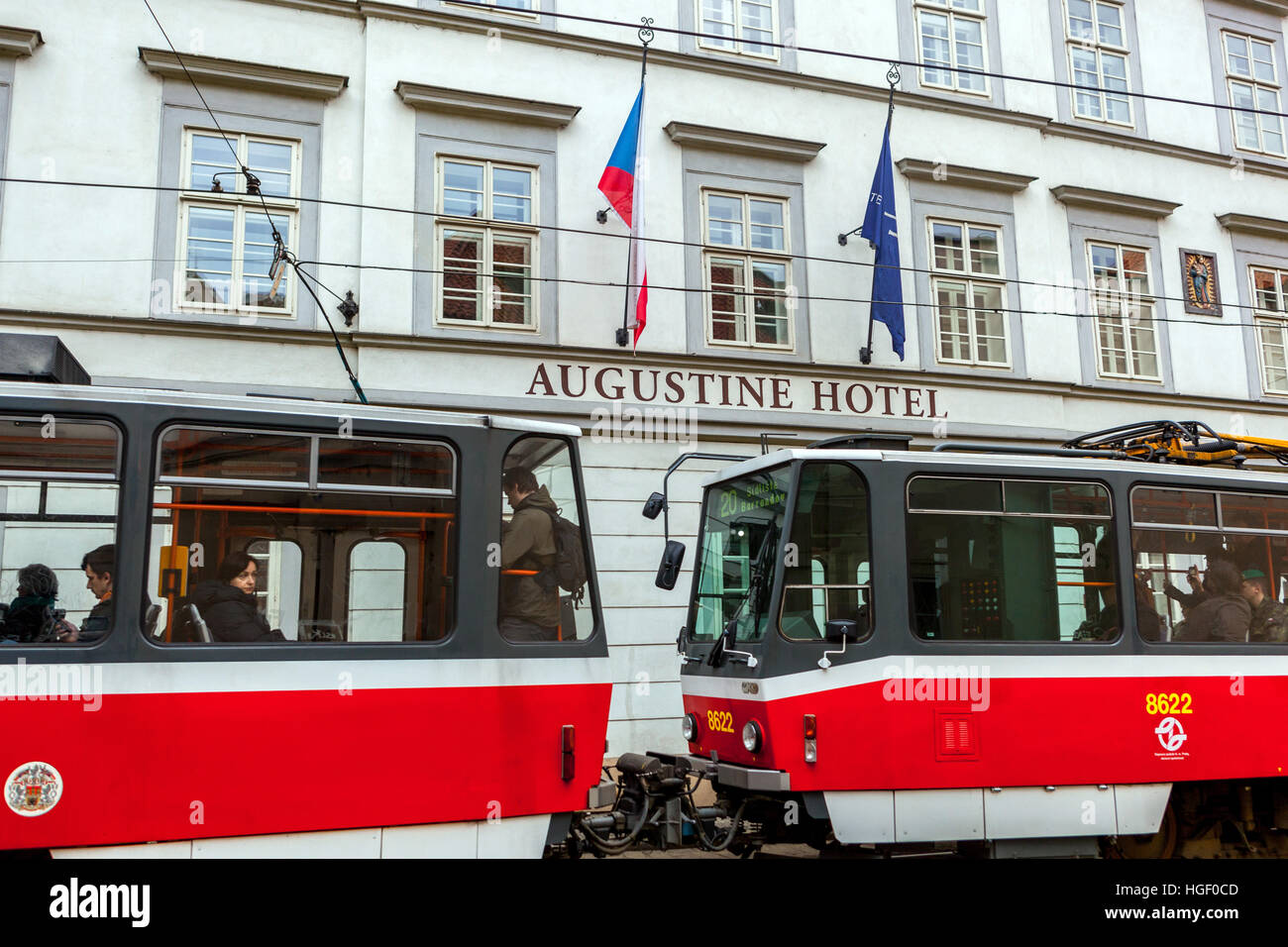 Tram passing by Augustine Hotel in Mala Strana, Prague, Czech Republic Stock Photo