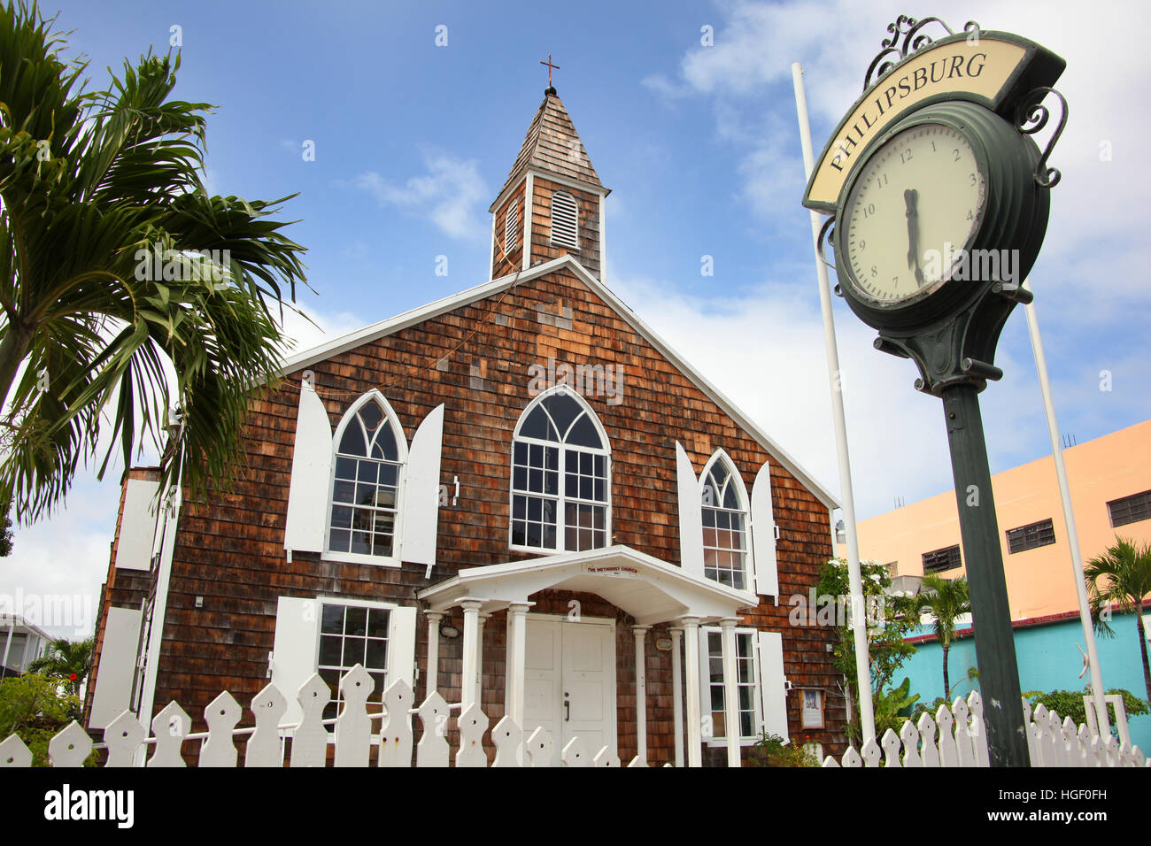 The Methodist Church with a traditional street clock outside, Philipsburg, St Maarten, Caribbean. Stock Photo