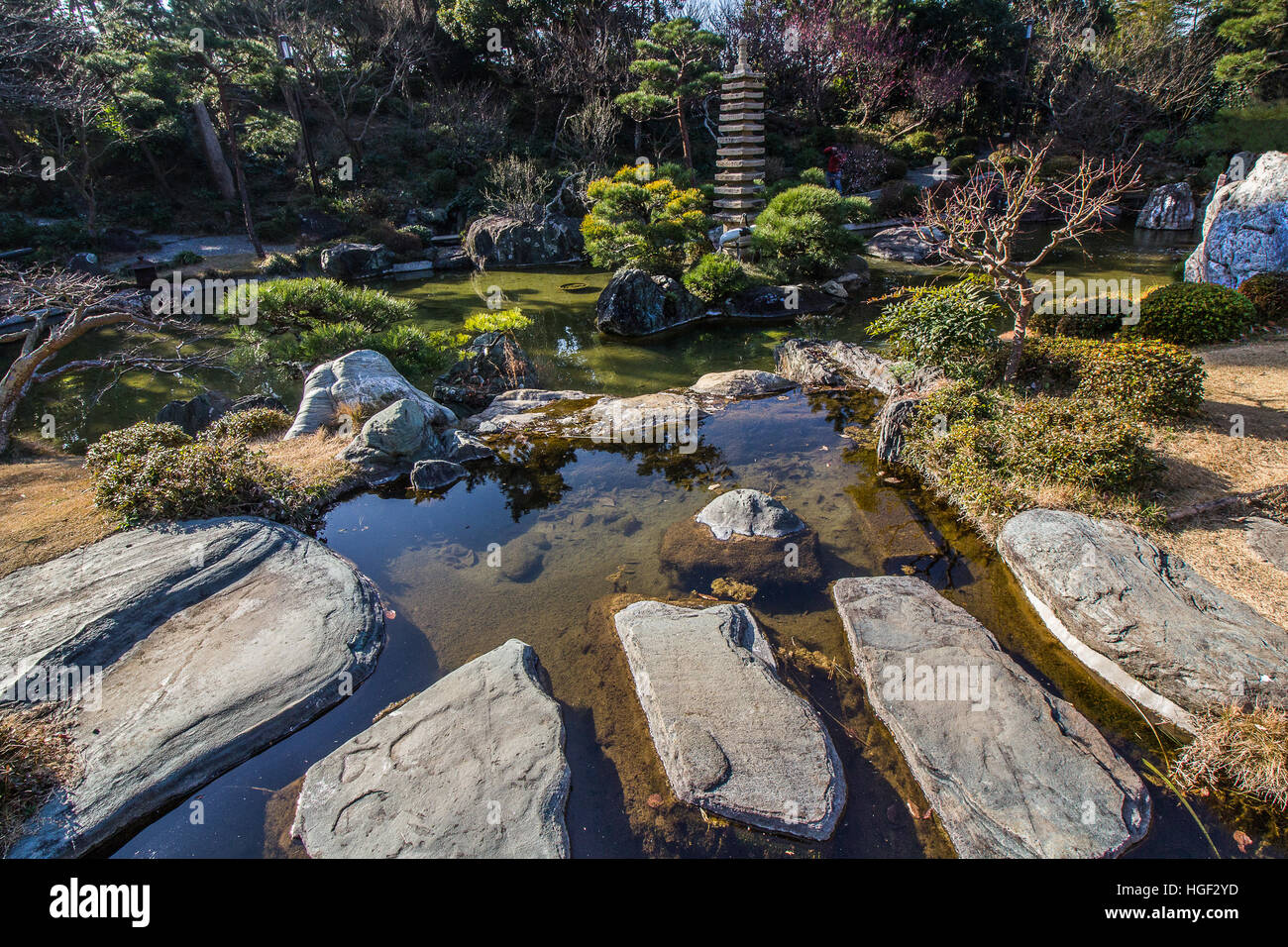 Yoshida Shigeru Garden is a Japanese pond garden in Oiso. It is typical of a pond garden in that there are trails leading around Stock Photo