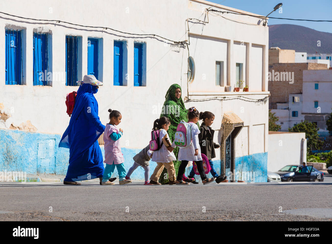 Sidi Ifni, Morocco - November 11, 2016: Scenes full of colors in Moroccan streets. Southwestern Morocco. Stock Photo