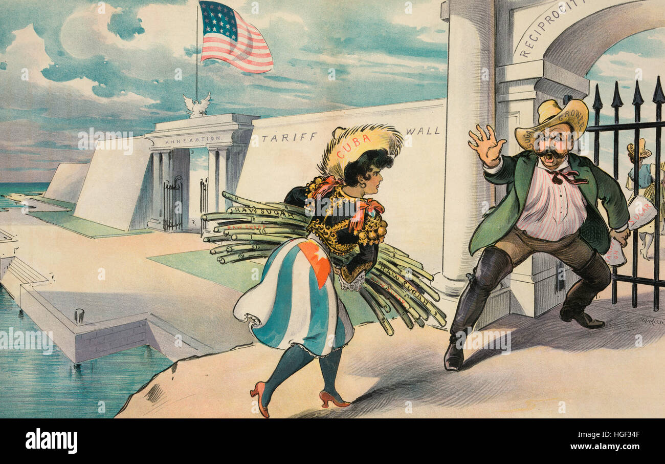Cuba's opportunity -  Illustration shows a wall labeled 'Tariff Wall' on the U.S. coastline, it has two gates, one labeled 'Annexation' and the other labeled 'Reciprocity'. A woman labeled 'Cuba', holding a bundle of 'Raw Sugar' cane, is attempting to enter the United States through the gate labeled 'Reciprocity'; she is being turn away vociferously by a man labeled 'Sugar Grower' holding a piece of paper labeled 'Tariff on Sugar'. In the background is a woman labeled 'Porto Rico' carrying a bundle of sugar cane; she has entered through the 'Annexation' gate over which the sugar grower and his Stock Photo