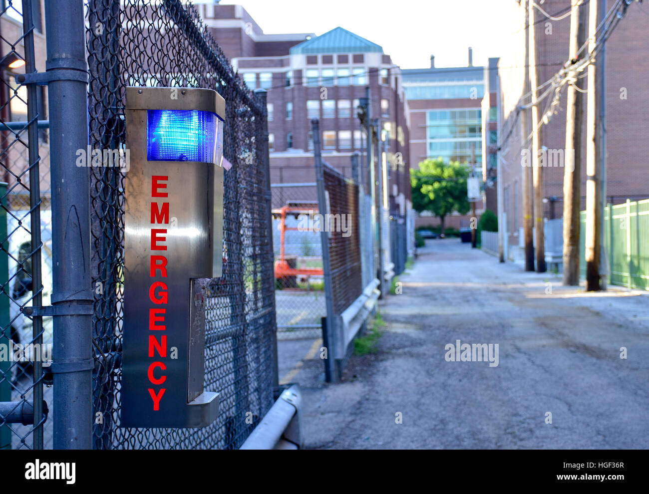 Emergency phone box in Chicago alley near Loyola Campus Stock Photo Alamy