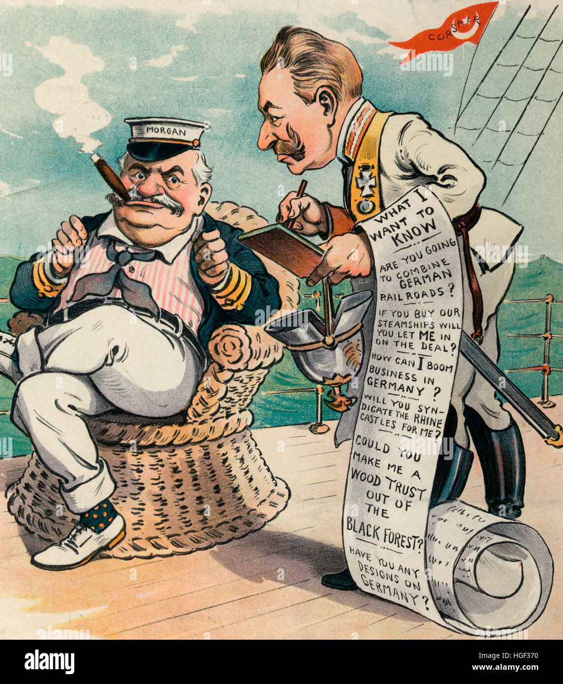 The Imperial Reporter -  Illustration shows William II, German Emperor, interviewing J. Pierpont Morgan, who is sitting in a chair aboard the 'Corsair'; William II has a long list labeled 'What I want to know' of questions and wishes. 1902 Stock Photo