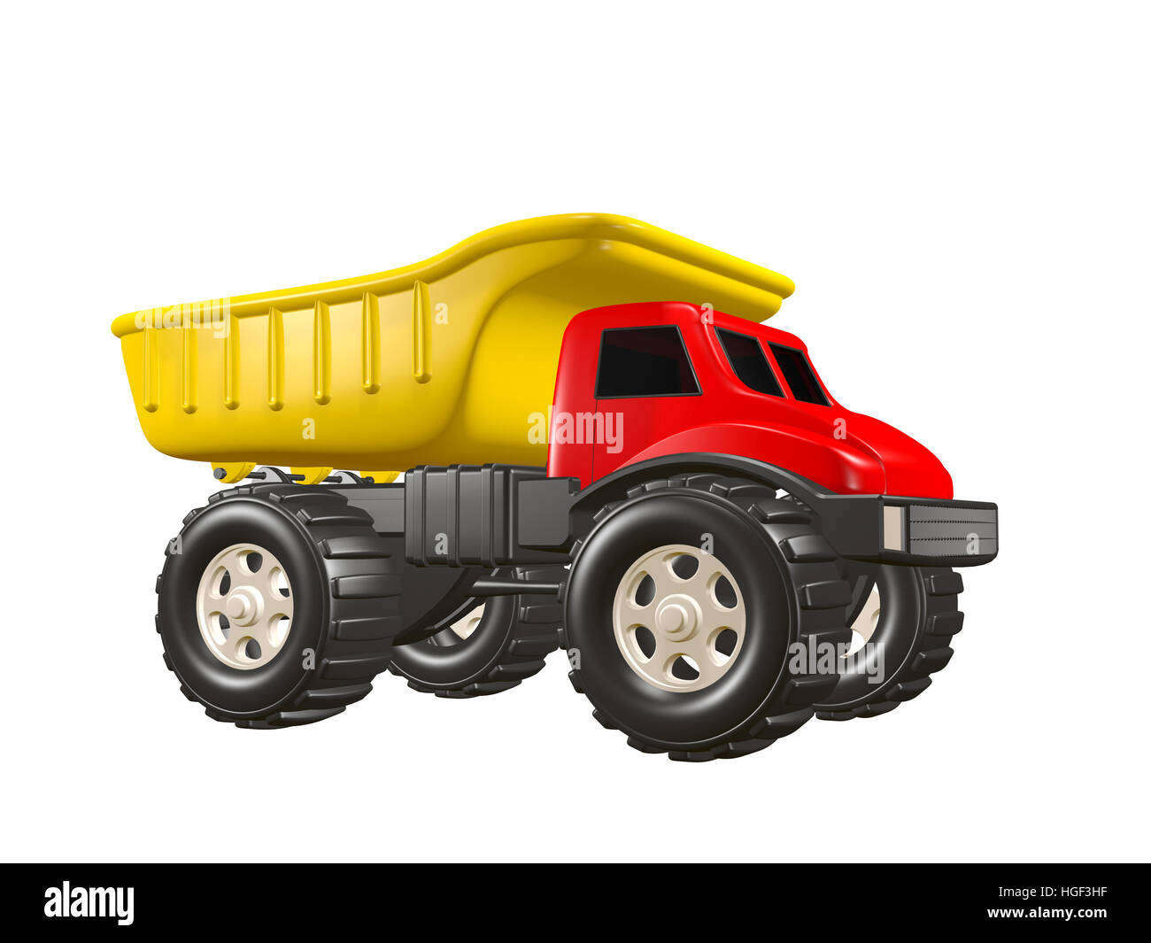 3D Rendered Illustration of a toy dump truck isolated on a white background. Truck is yellow and red. Stock Photo