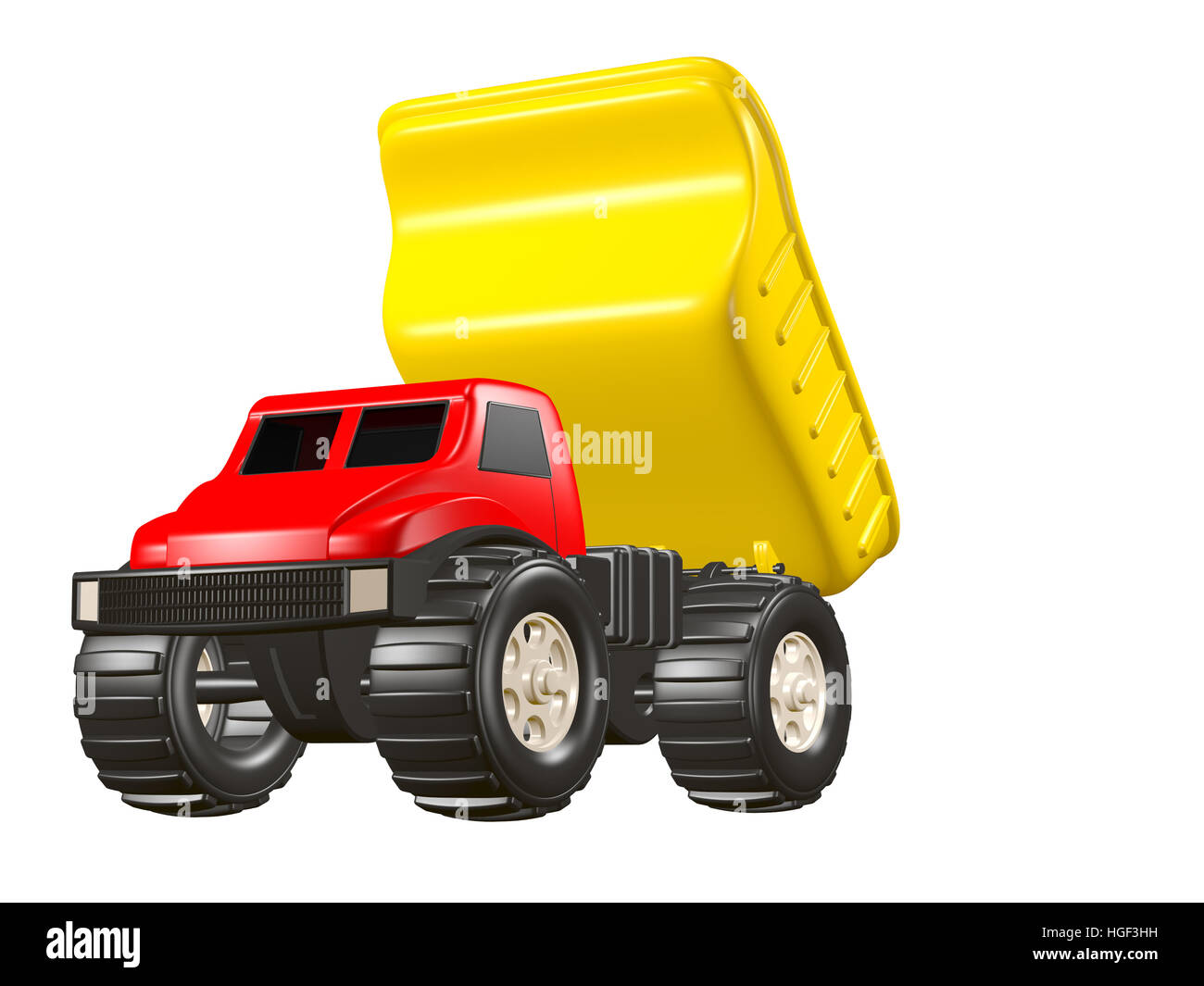 3D Rendered Illustration of a toy dump truck isolated on a white background. Truck is yellow and red. Stock Photo