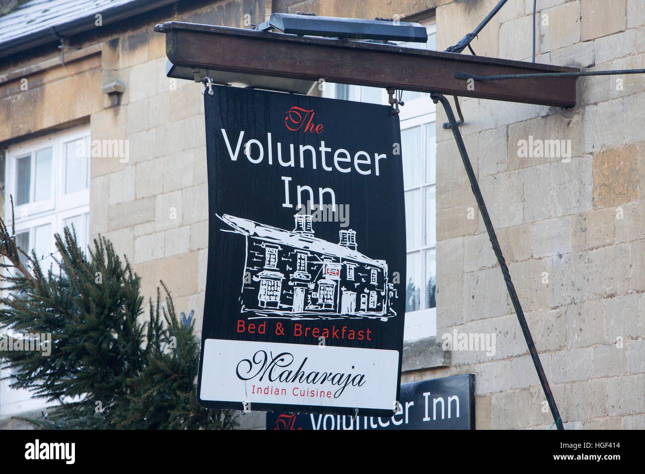 Volunteer Inn public house and indian restaurant in Chipping Campden high street, Cotswolds,Gloucestershire,England,UK Stock Photo