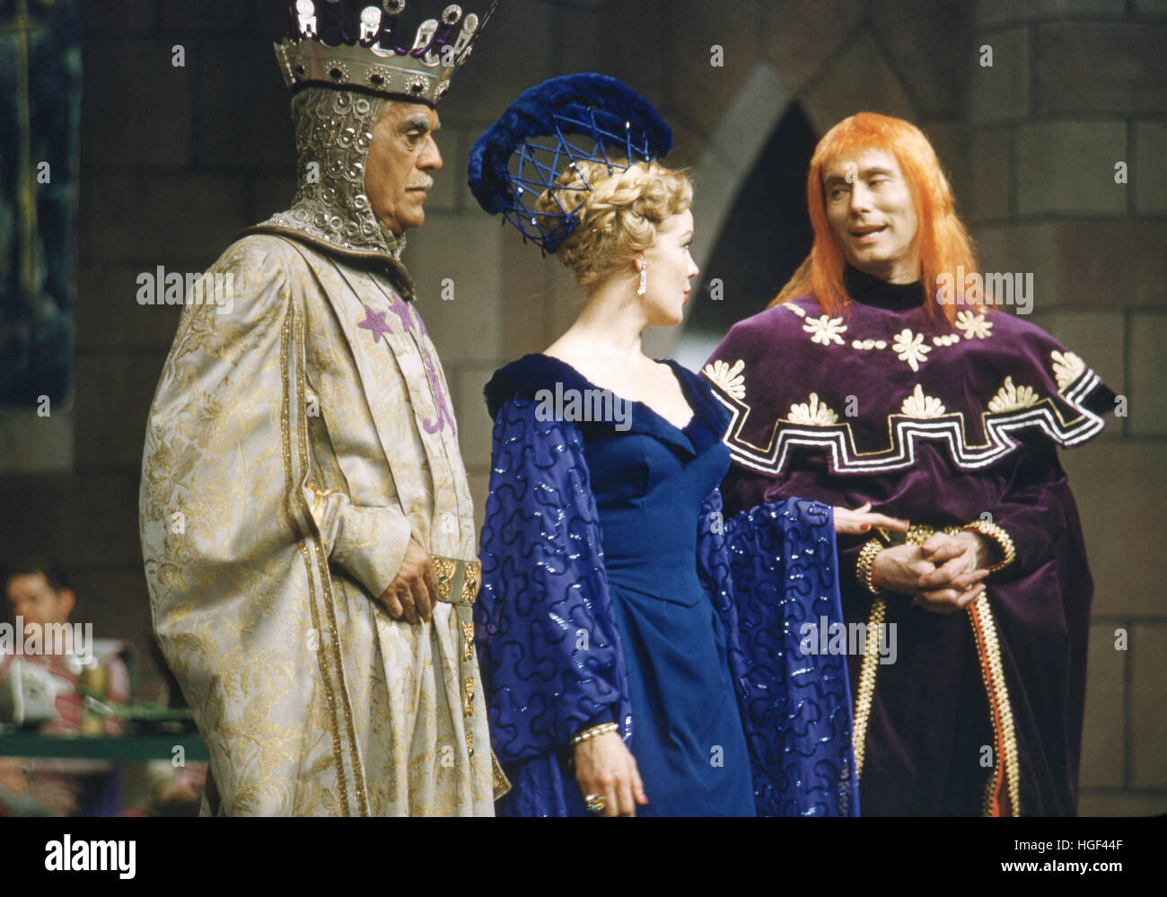 Boris Karloff, Gale Sherwood, and Leonard Elliott, in the 1955 production of A Connecticut Yankee in King Arthur’s Court by Max Liebman. Stock Photo