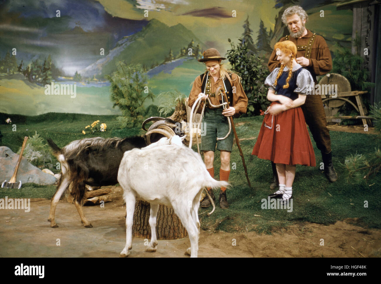 Wally Cox (at left), Jeannie Carson, and Richard Eastham in the 1955 Max Liebman television production of Heidi. Stock Photo