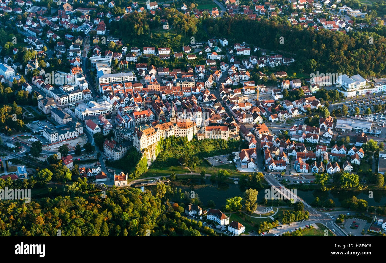 Aerial view, Sigmaringen Castle with town of Sigmaringen, Baden-Württemberg, Germany Stock Photo