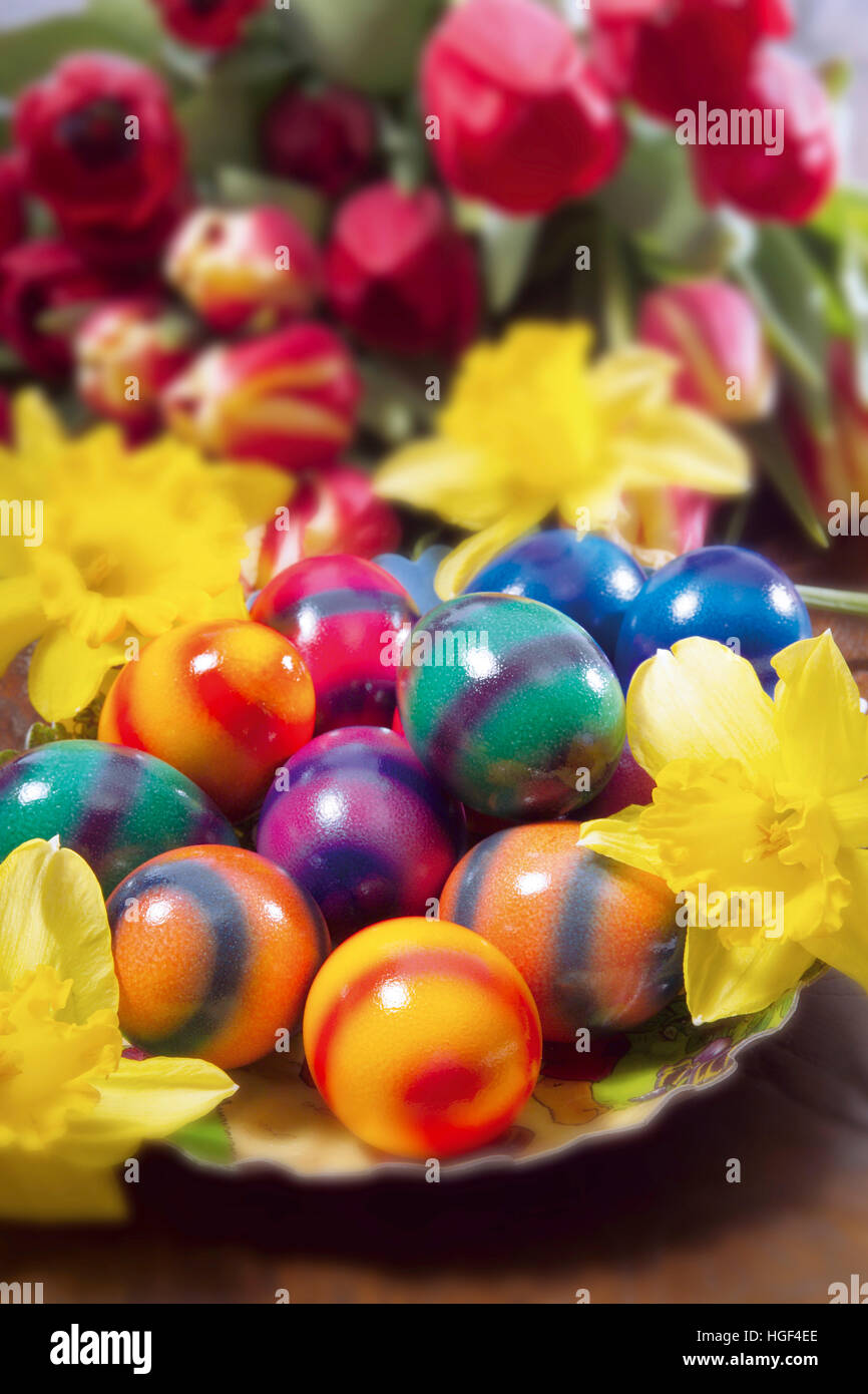 Coloured Easter eggs and flowers, daffodils and tulips Stock Photo - Alamy