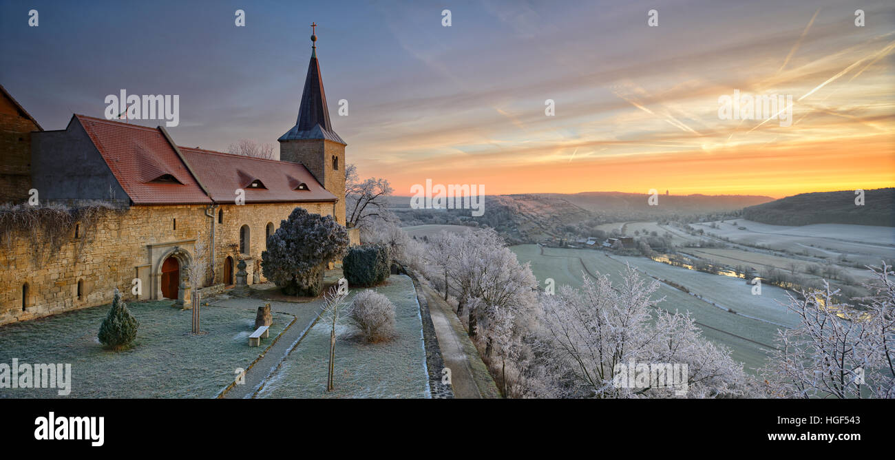 Zscheiplitz Abbey covered in hoarfrost at sunrise, with view of the ...