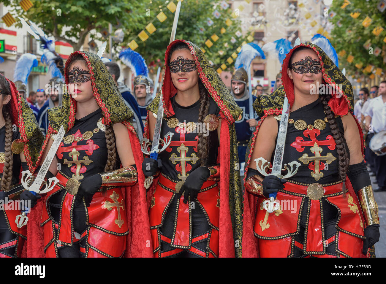 Women in historic clothing, Moors and Christians Parade, Moros y Cristianos, Jijona or Xixona, Province of Alicante Stock Photo