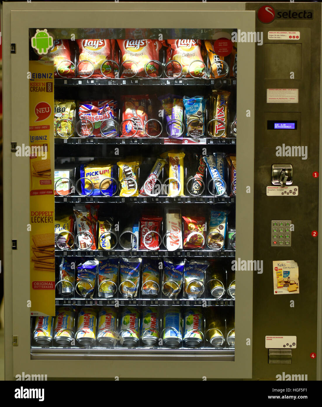 Snacks and drinks in vending machine, Germany Stock Photo