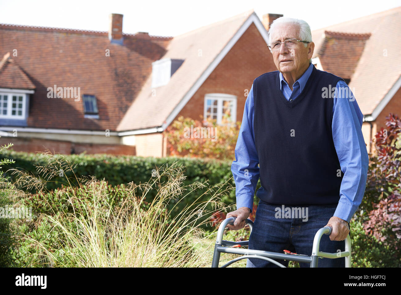 Senior Man In Garden Using Walking Frame Stock Photo - Alamy