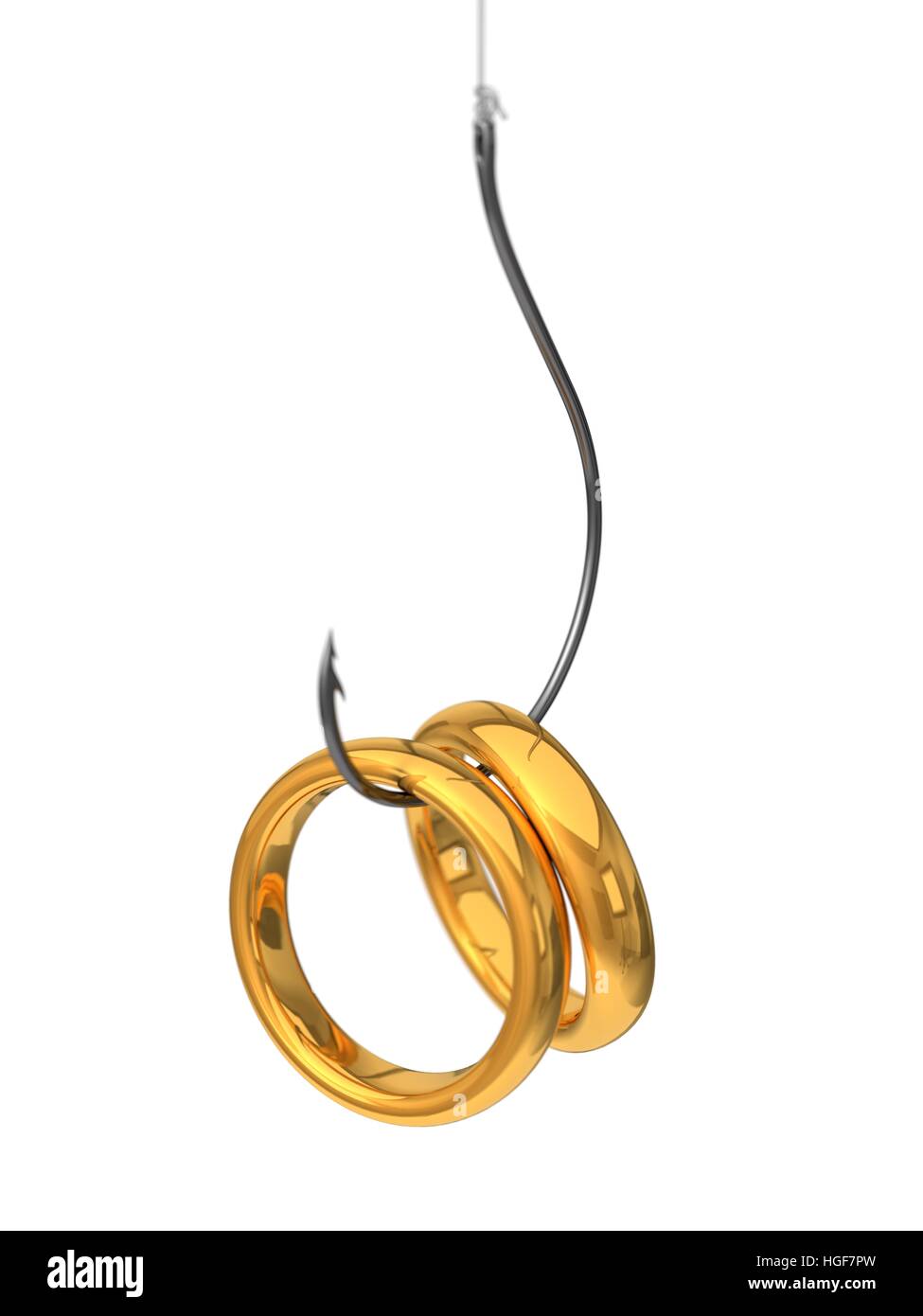 3d illustration of golden rings on the fishing hook Stock Photo
