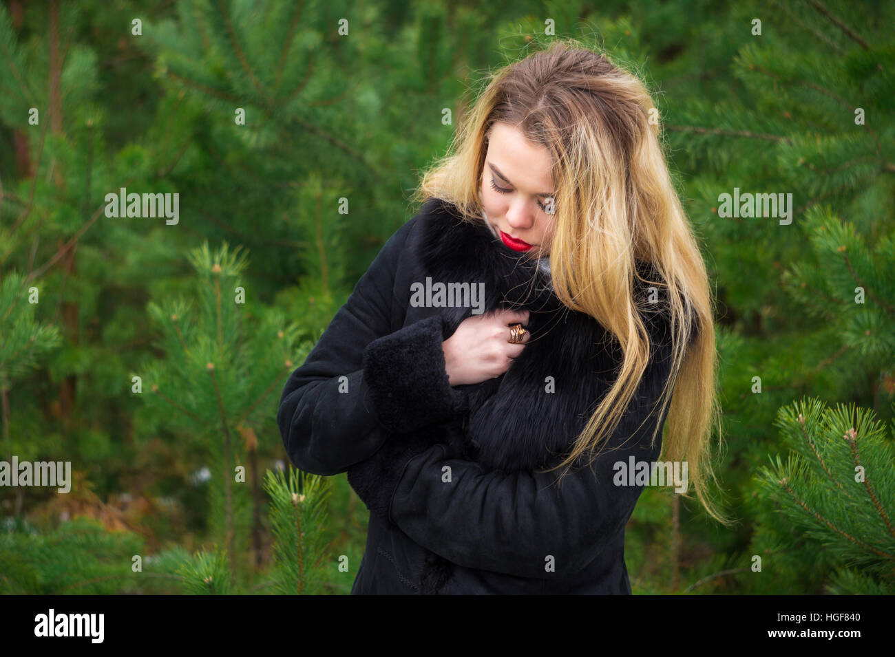Woman posing in pines Stock Photo