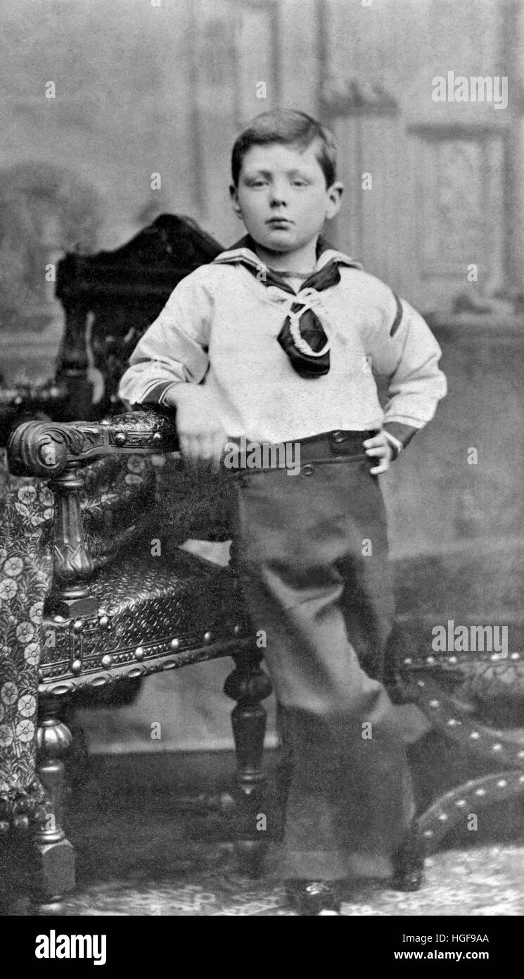 Winston Churchill in 1881 in his sailor's suit  aged eight. Studio portrait taken in Dublin Stock Photo
