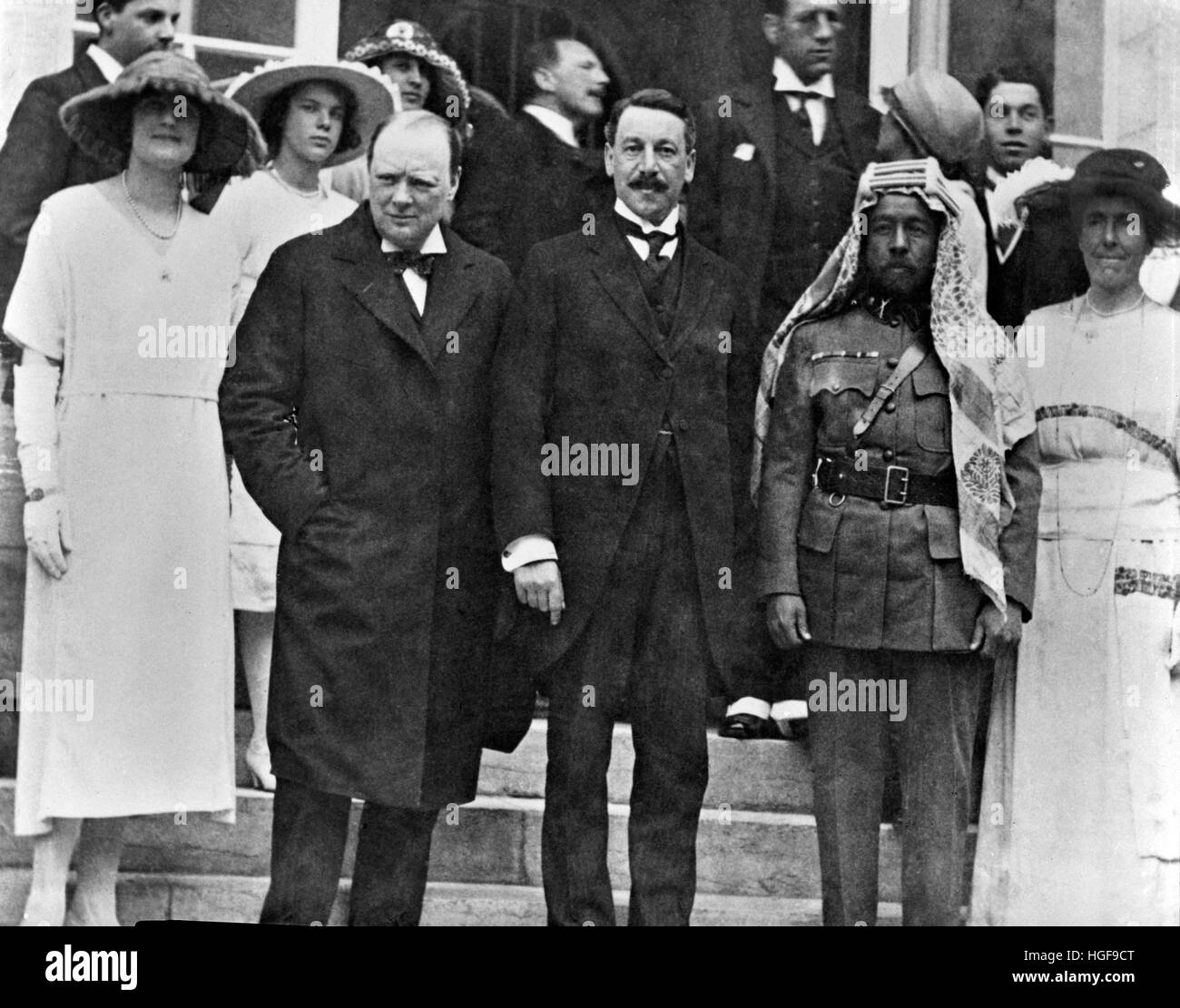 Winston Churchill at Government House, Jerusalem, with The Emir Abdullah of Jordan and Sir Herbert Samuel. 28th March 1921. Stock Photo