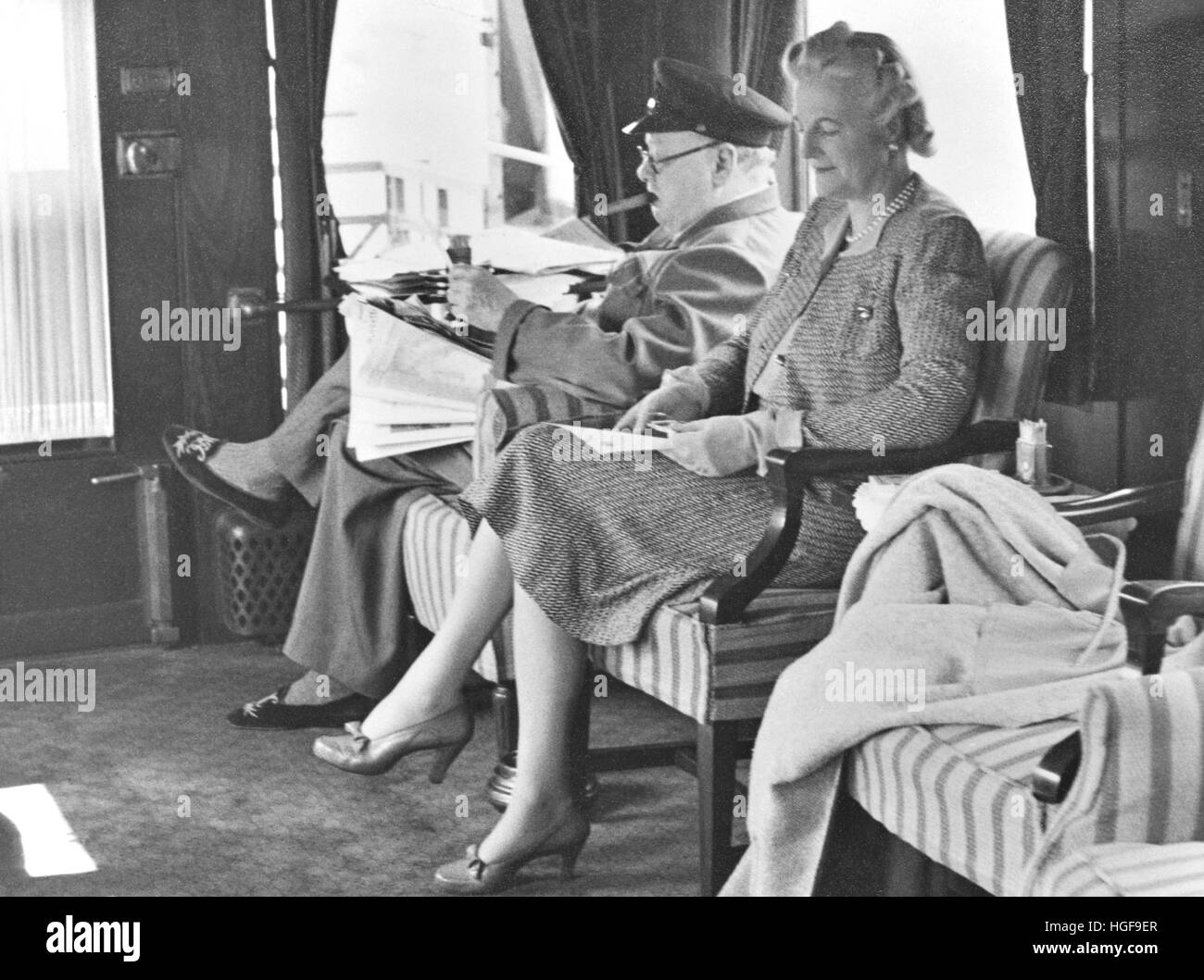 Winston and Clementine Churchill  in the saloon of his special train in Canada. Quebec Conference August 1943 Stock Photo