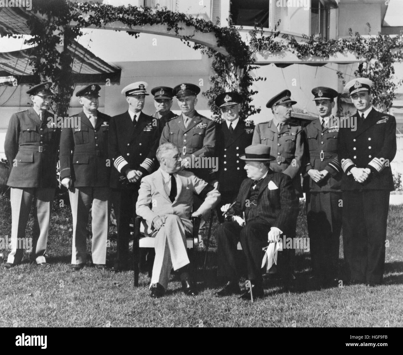 Winston Churchill, Franklin D. Roosevelt with their advisors at the Casablanca Conference, January 1943. Stock Photo